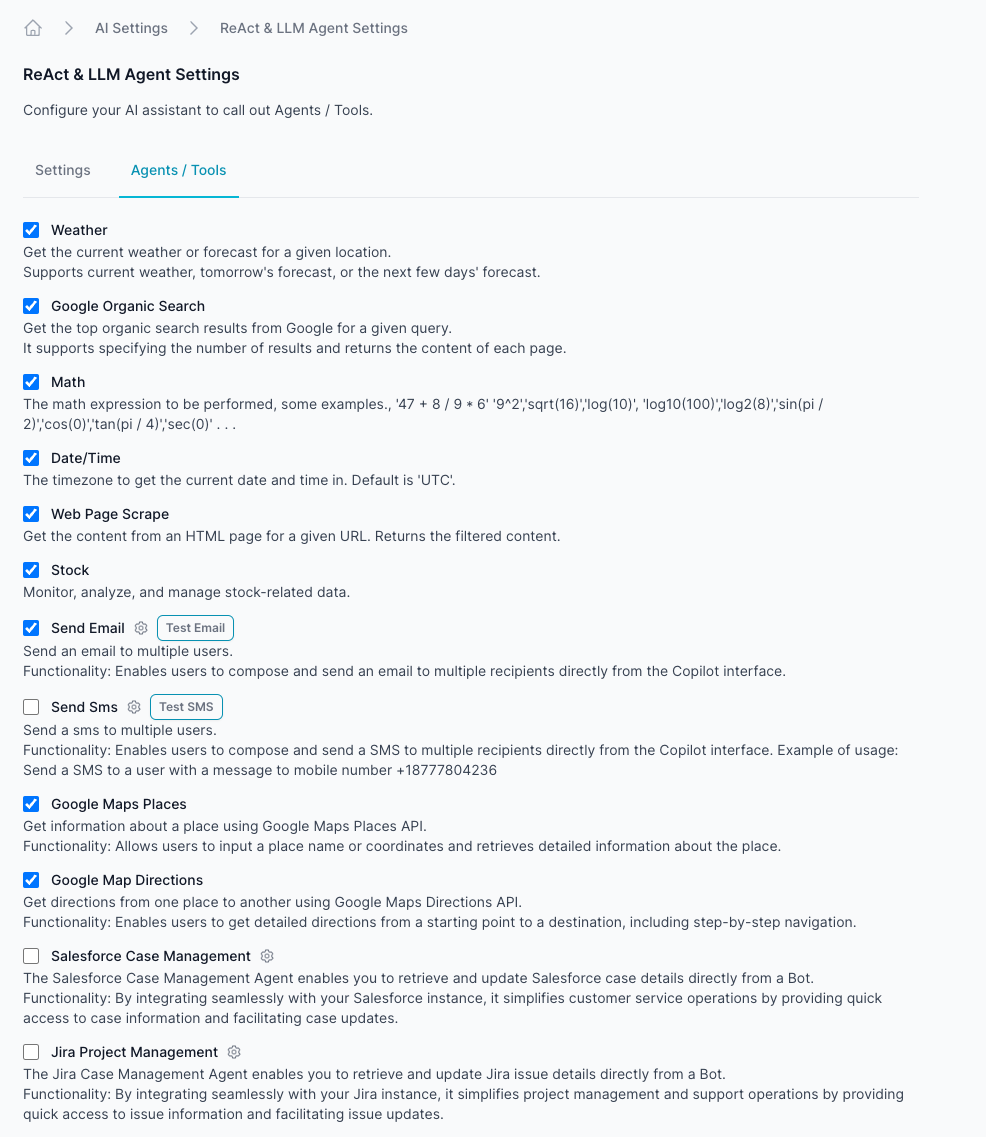 ReAct &amp; LLM Agent Settings Configure your AI assistant to call out Agents / Tools