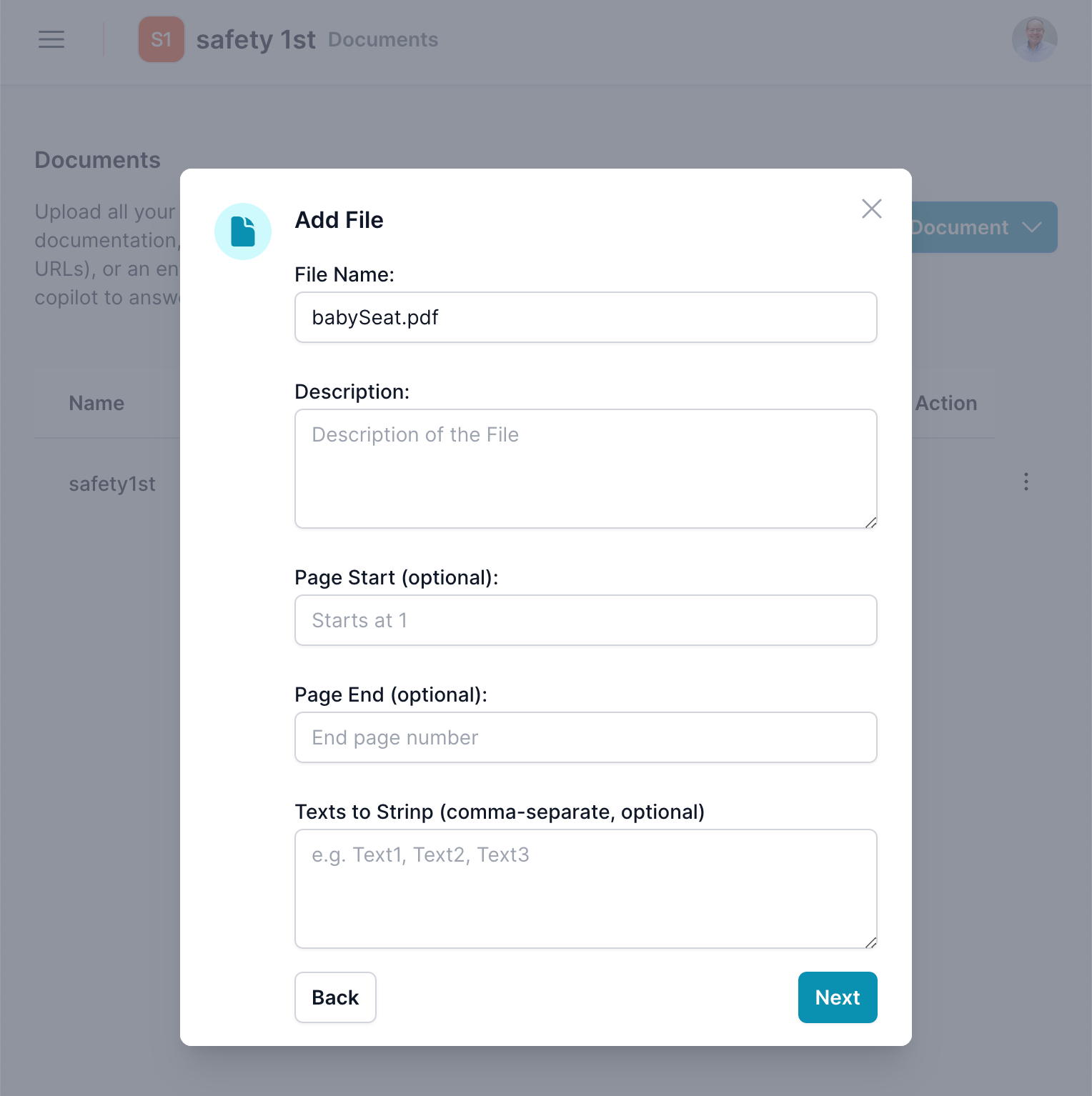 The image shows a PDF file upload interface titled &#39;Add File&#39;, where a user can enter document details. The fields available include &#39;File Name&#39;, and &#39;Description&#39;, Optional fields for &#39;Page Start&#39; and &#39;Page End&#39;. There&#39;s also a field for &#39;Texts to Strip&#39; where users can list text elements to be removed from the document during processing. &#39;Back&#39; and &#39;Next&#39; buttons provide navigation through the file upload process.