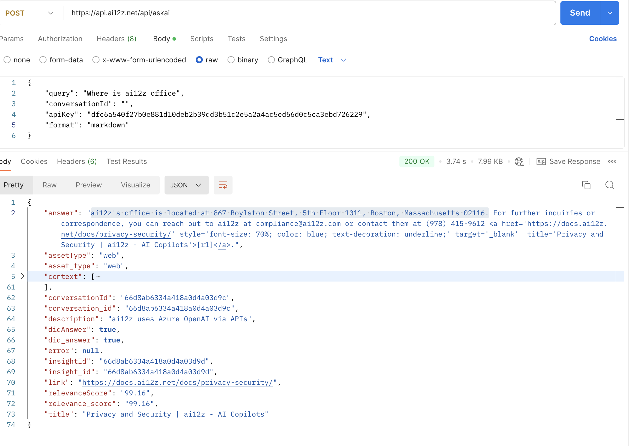  JSON response following a POST request. The structure shows nested JSON objects with key-value pairs, representing various data points such as a request id, agent id, and query. The response contains detailed text information including descriptions, metadata, and URLs, suggesting it might be related to a search or query operation within a digital assistant or search functionality. The nature of the content suggests it is part of a backend service processing information requests