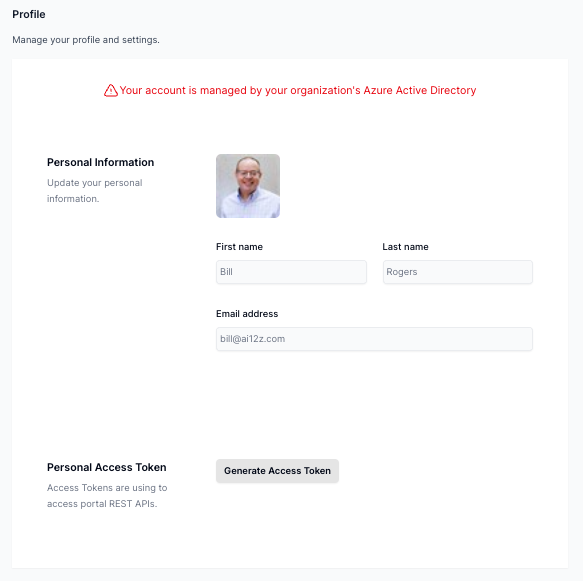 User profile management screen that shows the avatar management, first name, last name and emai, and password management, the ability to edit and change