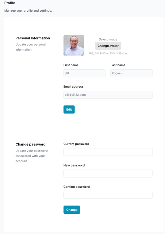 User profile management screen that shows the avatar management, first name, last name and emai, and password management, the ability to edit and change