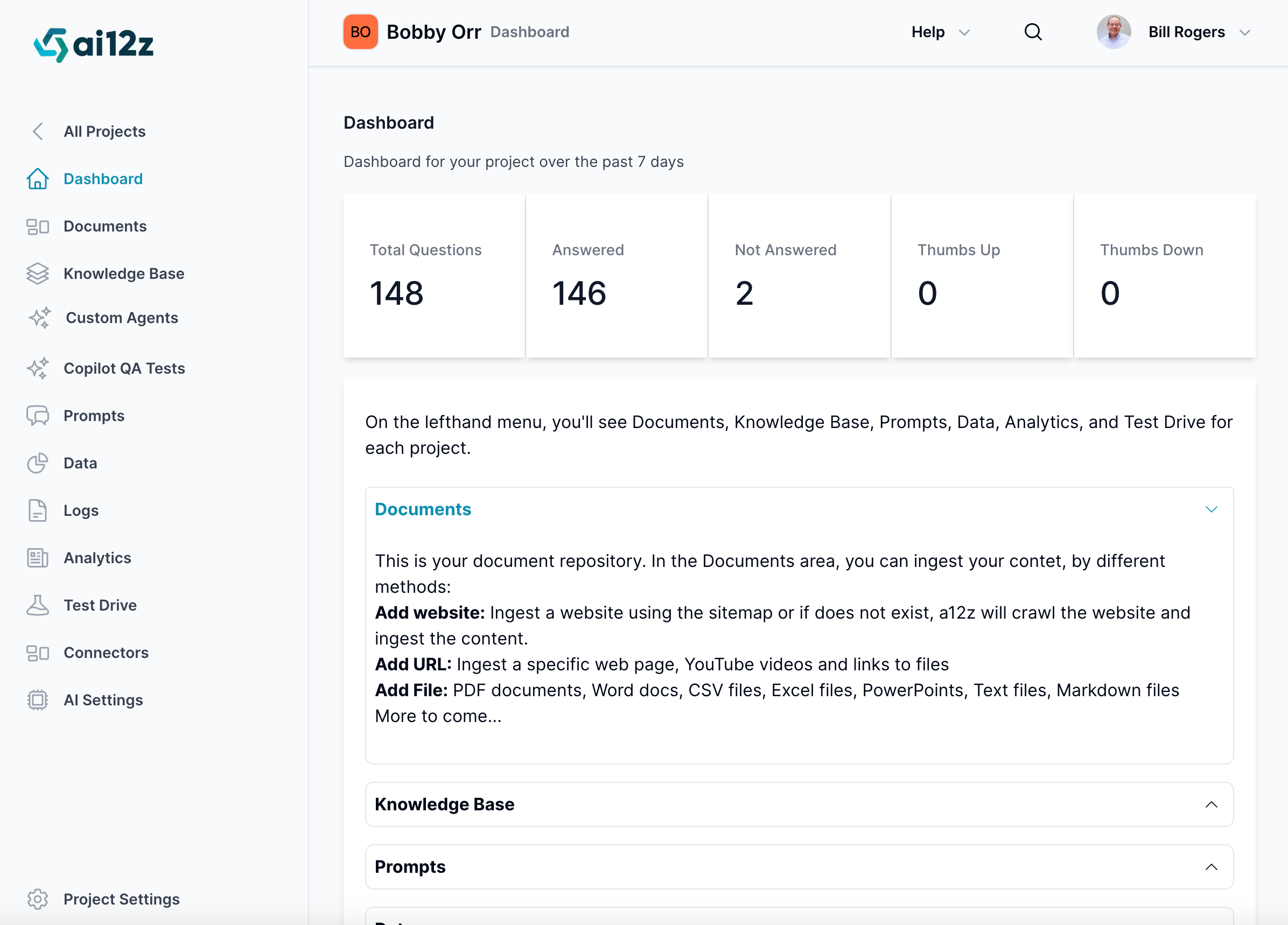 project landing page. Dashboard that summarizing 7 days of project activity with key metrics such as total questions and answers. The left-hand navigation menu includes sections for Documents, Knowledge Base, Prompts, Data, Analytics, Test Drive, CMS Connectors, AI Settings, and Project Settings