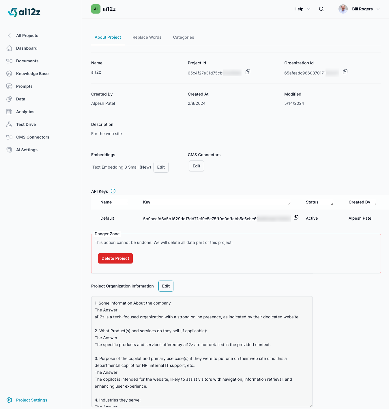 Project Settings management interface. It provides details of a &#39;Sample Project&#39;, including the project name, a unique ID, the creation date, and the last modification date. The ability to change &#39;Embeddings&#39; model. There&#39;s an &#39;API Keys&#39; section listing a default key