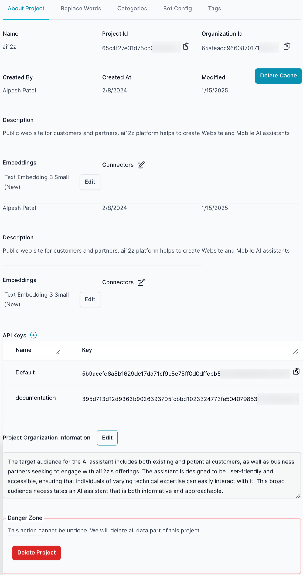 Project Settings management interface. It provides details of a &#39;Sample Project&#39;, including the project name, a unique ID, the creation date, and the last modification date. The ability to change &#39;Embeddings&#39; model. There&#39;s an &#39;API Keys&#39; section listing a default key