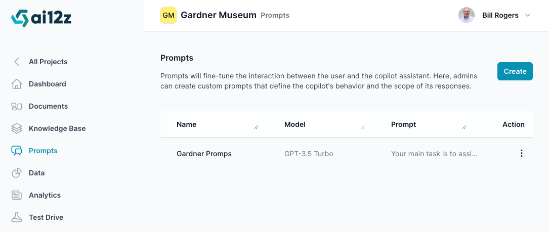 managing prompts, with a navigation sidebar on the left and a main content area. The sidebar includes options like &#39;All Projects,&#39; &#39;Dashboard,&#39; and &#39;Knowledge Base&#39; with &#39;Prompts&#39; currently selected. The main area has a description explaining that prompts fine-tune interaction with a copilot assistant and allows for custom prompt creation. It shows a single entry with &#39;Name&#39; as &#39;Default Prompts,&#39; &#39;Model&#39; as &#39;GPT-3.5 Turbo,&#39; a truncated &#39;Prompt,&#39; and an &#39;Action&#39; column. The user logged in is indicated at the top right, next to a &#39;Create&#39; button