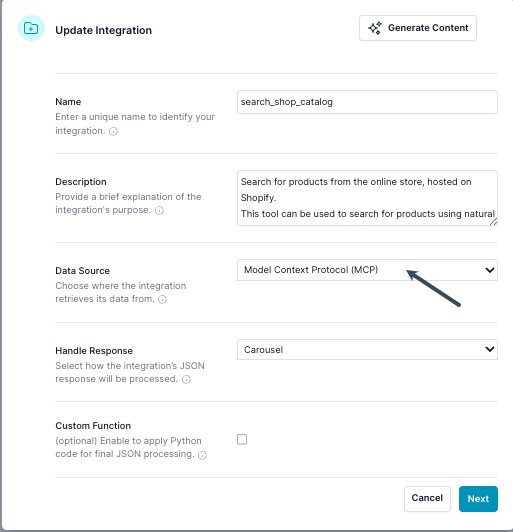 Select data source Model Context Protocol (MCP)