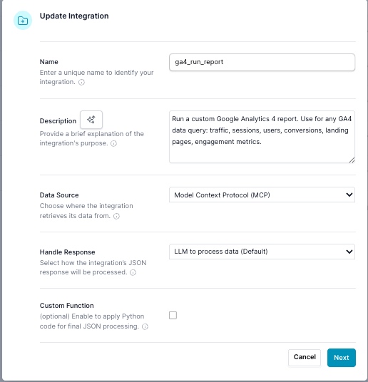 Integration properties dialog