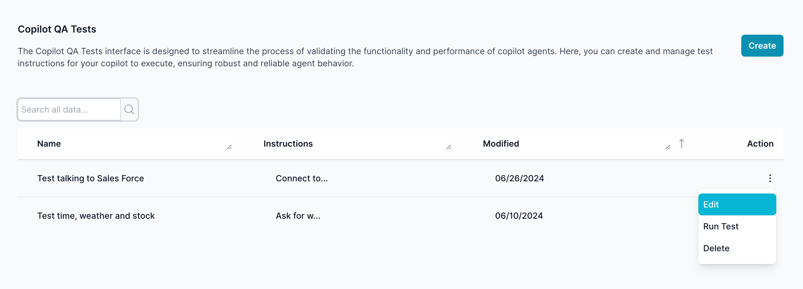 The Copilot QA Tests screen is designed to streamline the process of validating the functionality and performance of copilot agents. This interface allows you to create, manage, and execute test instructions to ensure robust and reliable agent behavior.