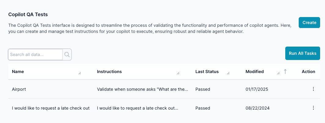 The Copilot QA Tests screen is designed to streamline the process of validating the functionality and performance of copilot agents. This interface allows you to create, manage, and execute test instructions to ensure robust and reliable agent behavior.