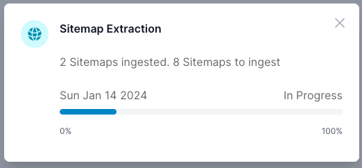 The image shows a &#39;Sitemap Extraction&#39; status window indicating that 2 sitemaps have been ingested and there are 8 more sitemaps left to ingest. 