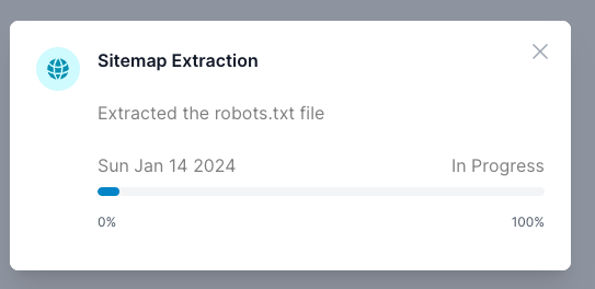 notification window for &#39;Sitemap Extraction&#39;, indicating that the extraction of the robots.txt file is in progress