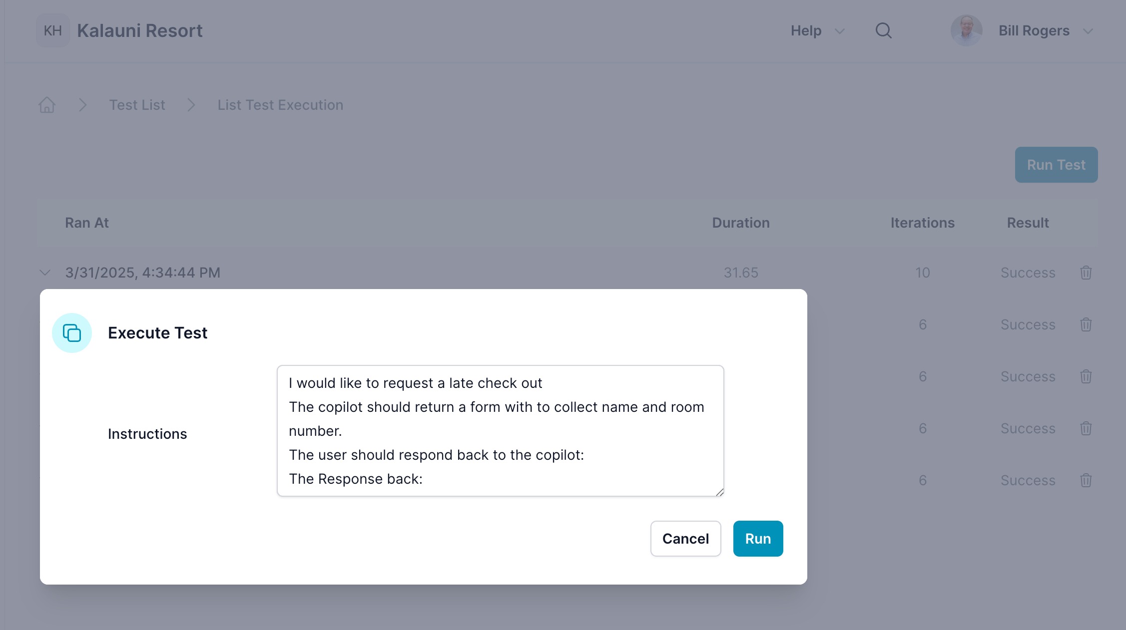 Run test dialog