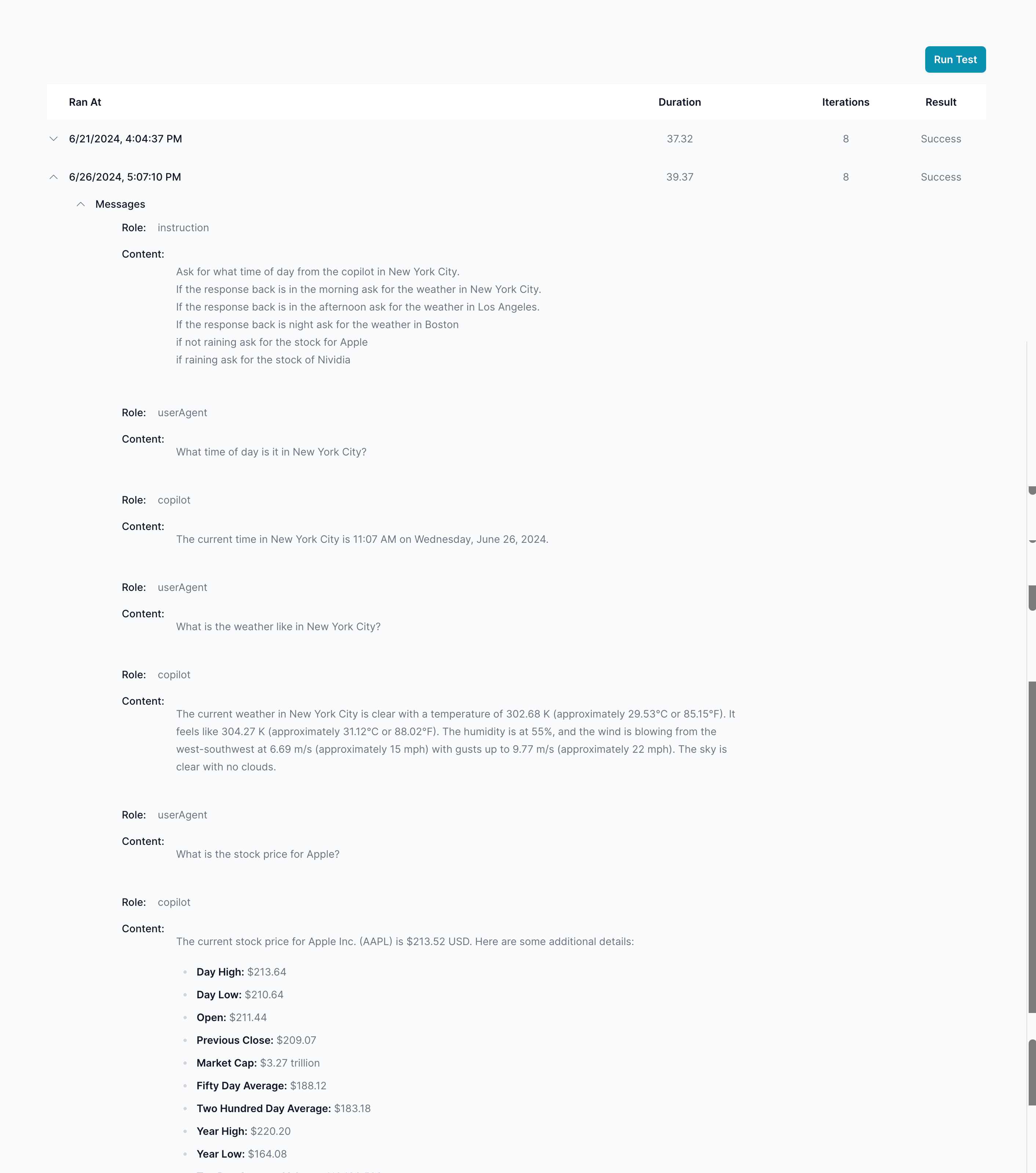 When running a test for a copilot agent, the results screen provides detailed information about the test execution, including the instructions, interactions between the user agent and the copilot, and the overall outcome of the test. This documentation will guide you through understanding and interpreting the test results.