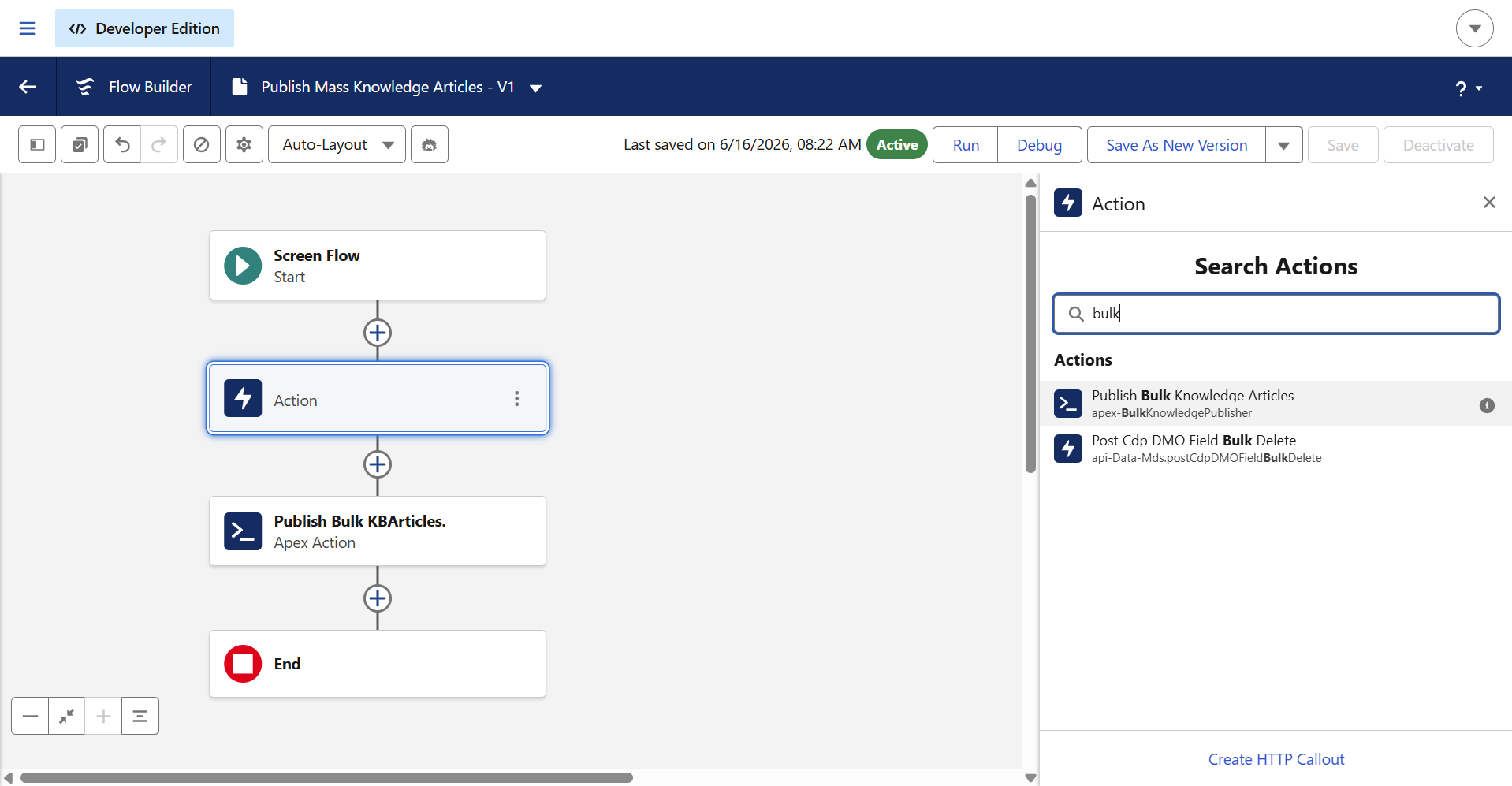 Salesforce Knowledge screen flow to add action element with own apex class
