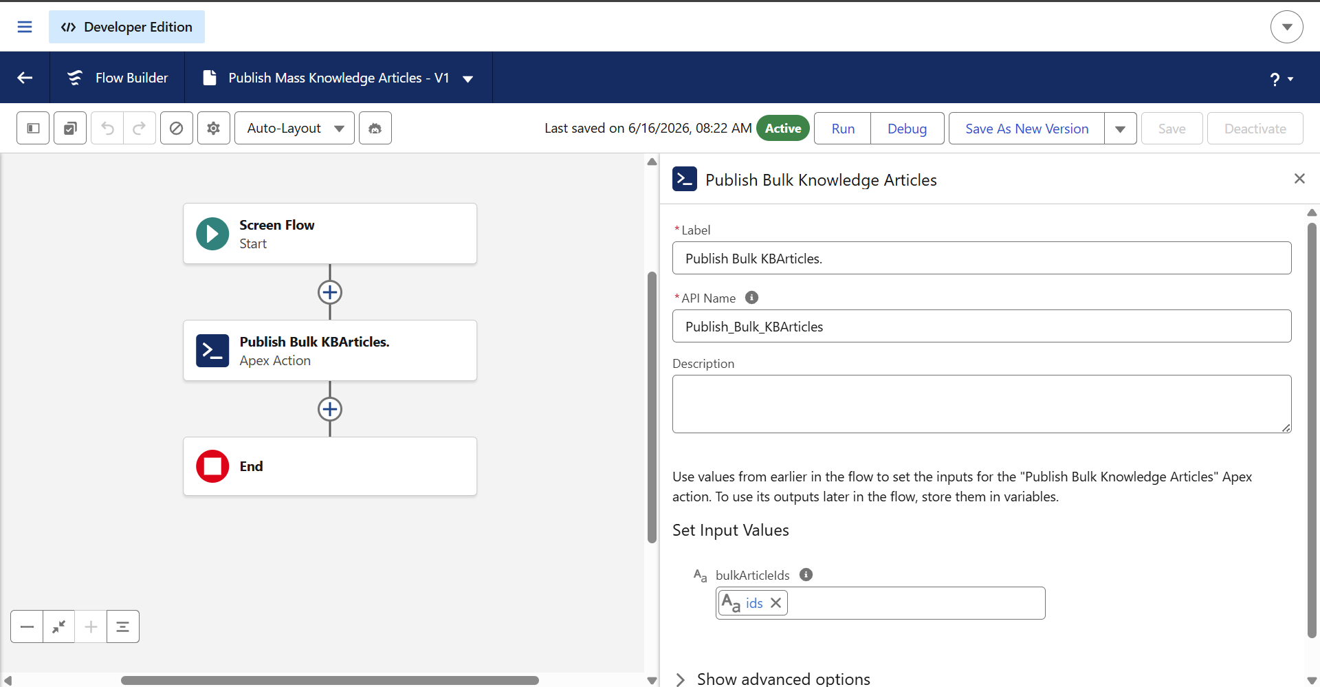 Salesforce Knowledge screen flow to map that variable to action element