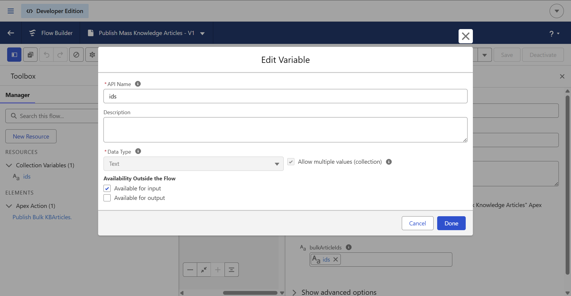 Salesforce Knowledge screen flow to create a variable resource with ids