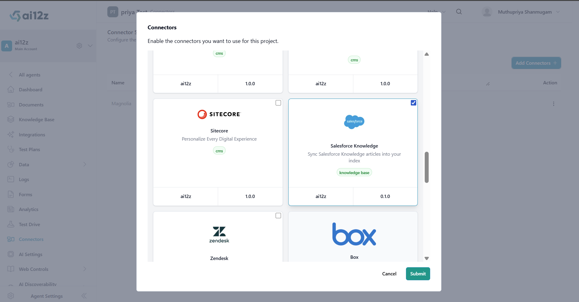 Add Connectors dialog with salesforce knowledge selected