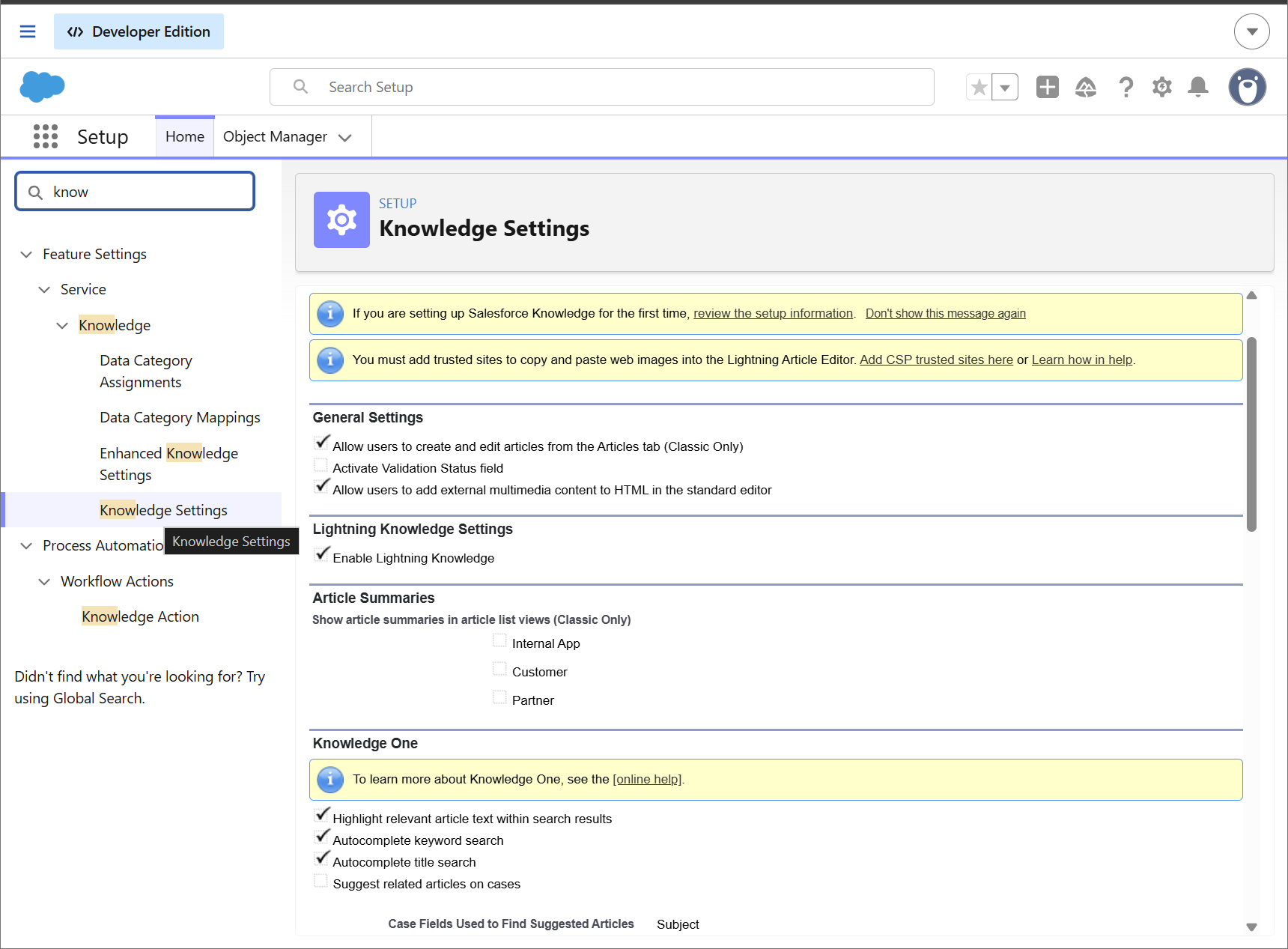Salesforce knowledge settings set up