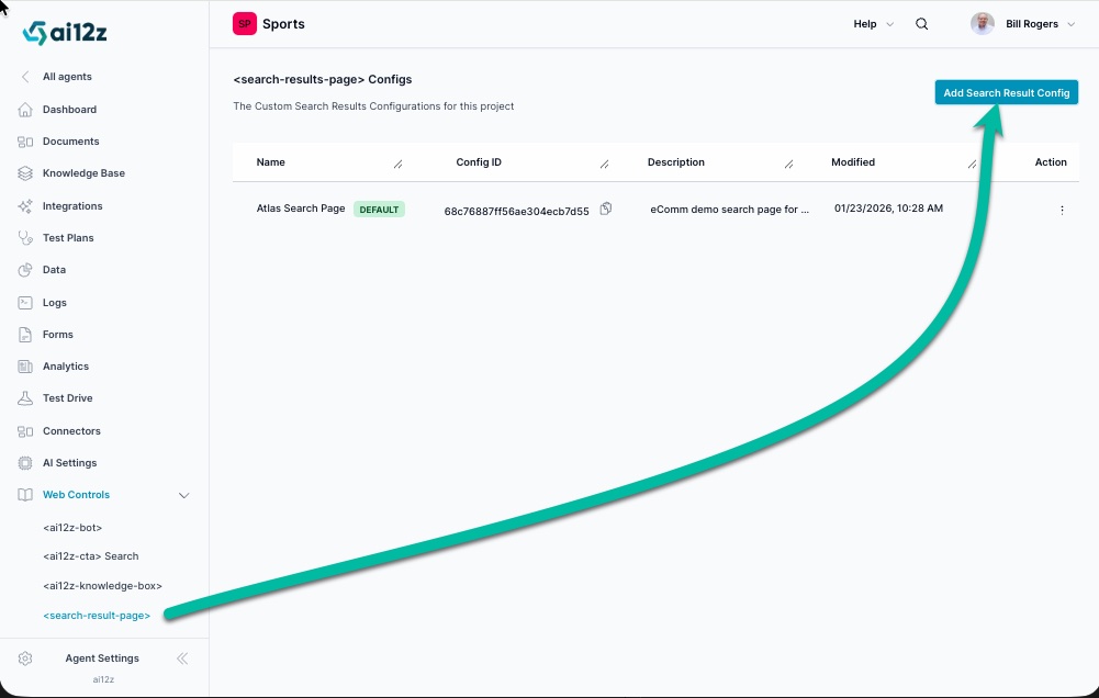 Search result configurations list