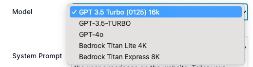 &quot;Screenshot of a drop-down menu for selecting an AI model in a software interface. The selected option is &#39;GPT 3.5 Turbo (0125) 16k&#39;. Other options in the list include &#39;GPT-3.5-TURBO&#39;, &#39;GPT-4o&#39;,&#39;GPT-3.5-TURBO&#39; &#39;Bedrock Titan Lite 4K&#39;, and &#39;Bedrock Titan Express 8K&#39;