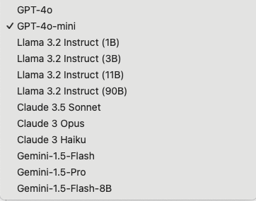 &quot;Screenshot of a drop-down menu for selecting an AI model in a software interface. The selected option is &#39;gpt-4o-mini. Other options in the list include &#39;gpt-4o-mini&#39;, &#39;GPT-4o&#39;,&#39;gpt-4o-mini&#39;