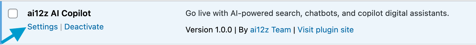 The link to ai12z AI Copilot WordPress plugin settings screen