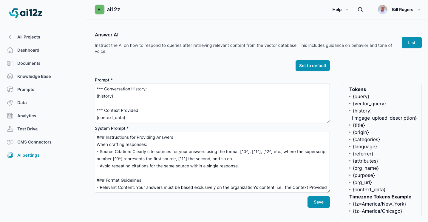 &#39;Prompt Template&#39; shows settings for an AI model, with options for customization. A list of Dynamic tokens for dynamic content insertion is displayed in the center. The interface is designed to tailor AI interactions. 