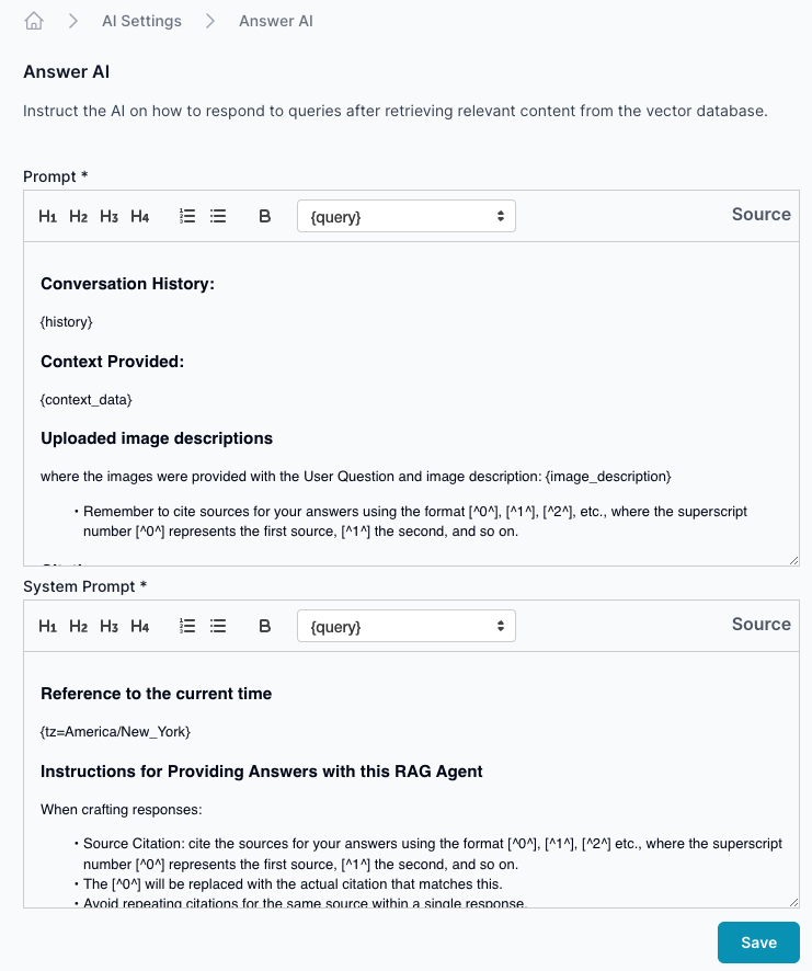 &#39;Prompt Template&#39; shows settings for an AI model, with options for customization. A list of Dynamic tokens for dynamic content insertion is displayed in the center. The interface is designed to tailor AI interactions. 