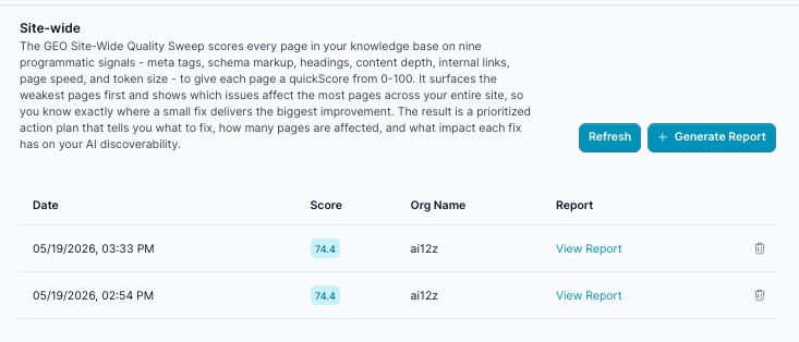 Site-Wide Sweep report list, showing two completed sweeps both scoring 74.4