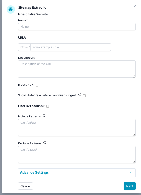 Sitemap Extraction Dialog