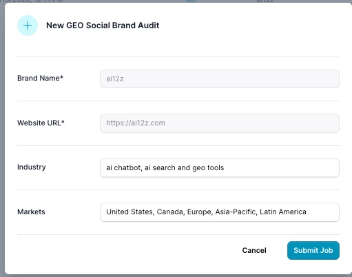 New GEO Social Brand Audit modal with Brand Name, Website URL, Industry, and Markets fields