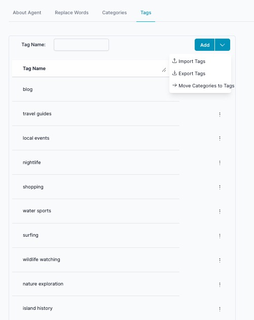Tags tab actions