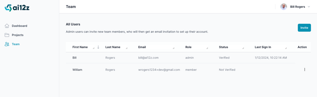 Team management, team button in left navitation, and team list, showing team members with action selection.  above the list is the invite button to invite team members, the table of the team include First, Last Name, Email, Role, Status, Last Sign in and Action