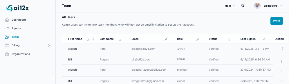 Team management, team button in left navitation, and team list, showing team members with action selection.  above the list is the invite button to invite team members, the table of the team include First, Last Name, Email, Role, Status, Last Sign in and Action