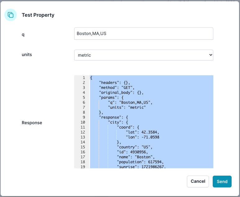 The Test Property dialog allows you to test the configuration of your custom agent. This feature is useful for verifying that the agent&#39;s parameters, request, and response handling are set up correctly. You can enter test values for the parameters and see the corresponding API response.