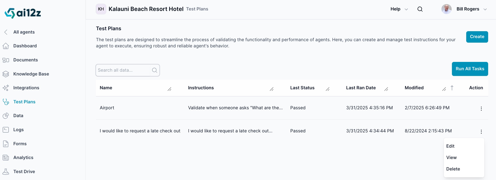 Test Plans list with actions