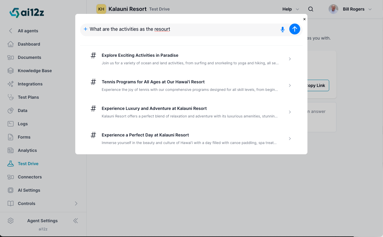 clicking the button for Test drive lauches the model to ask a question and see items as you type