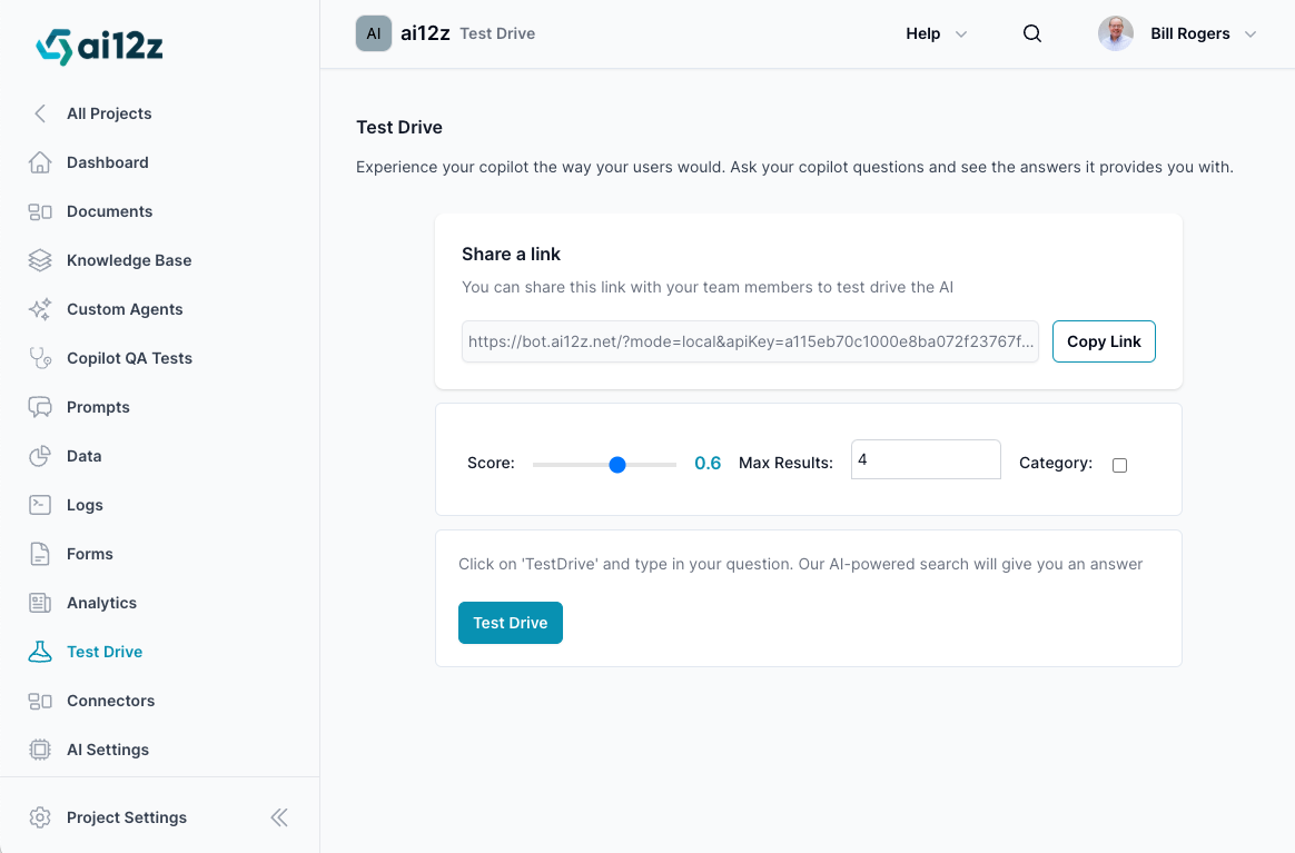 The interface includes a left-hand navigation bar with options such as &#39;All Projects&#39;, &#39;Dashboard&#39;, &#39;Documents&#39;, &#39;Knowledge Base&#39;, &#39;Prompts&#39;, &#39;Data&#39;, &#39;Analytics&#39;, and &#39;Test Drive&#39;, which is currently highlighted. The main area of the screen is dedicated to the &#39;Test Drive&#39; feature where users can experience the AI copilot by asking questions and receiving answers. There&#39;s a section titled &#39;Share a link&#39; with a URL provided and a &#39;Copy Link&#39; button next to it. Below, there is an input field labeled &#39;Ask a new question...&#39; with an &#39;Ask AI&#39; button, accompanied by a prompt instructing users to type in their question and click the button for an AI-powered search answer.