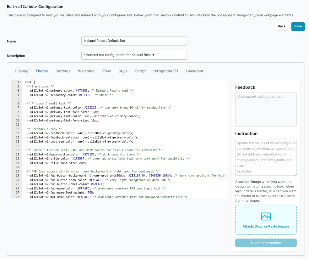 Theme tab with CSS editor and Vibe Coding panel