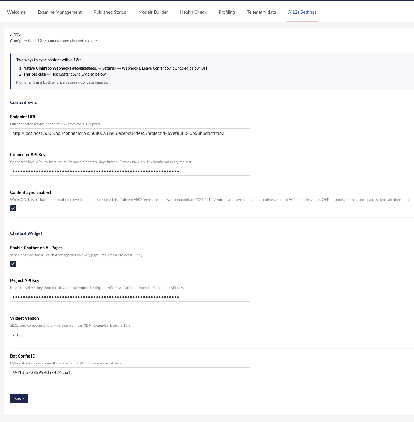 Ai12z configuration page in Umbraco backoffice