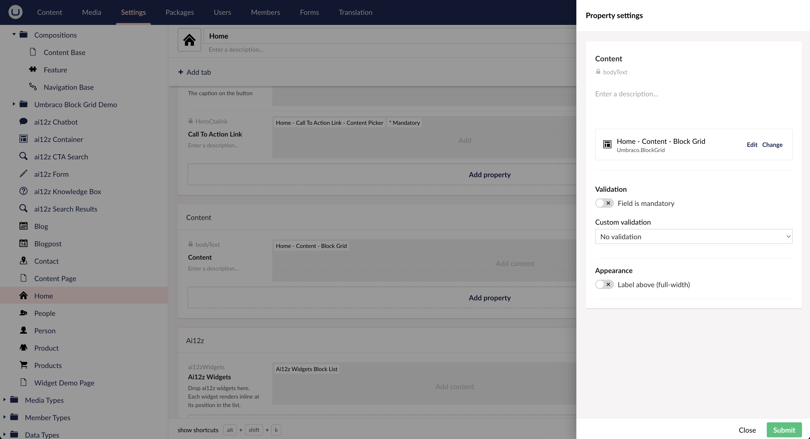 Document type properties with the Block Grid property settings pane open