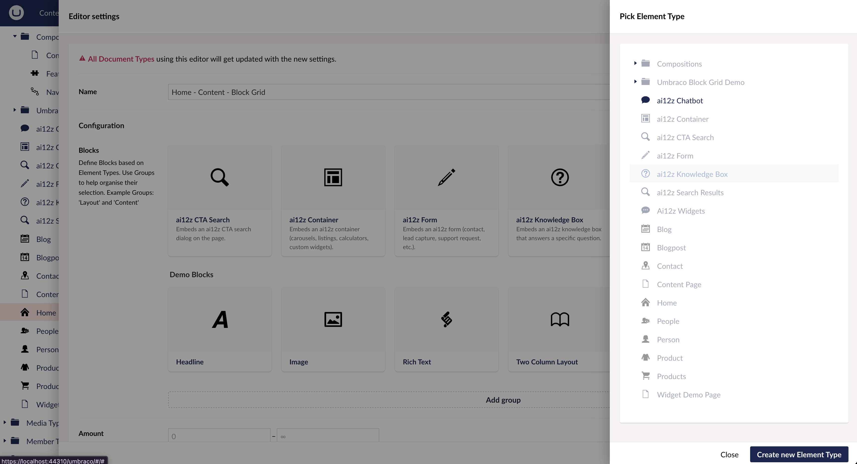 Pick Element Type pane listing the ai12z widgets