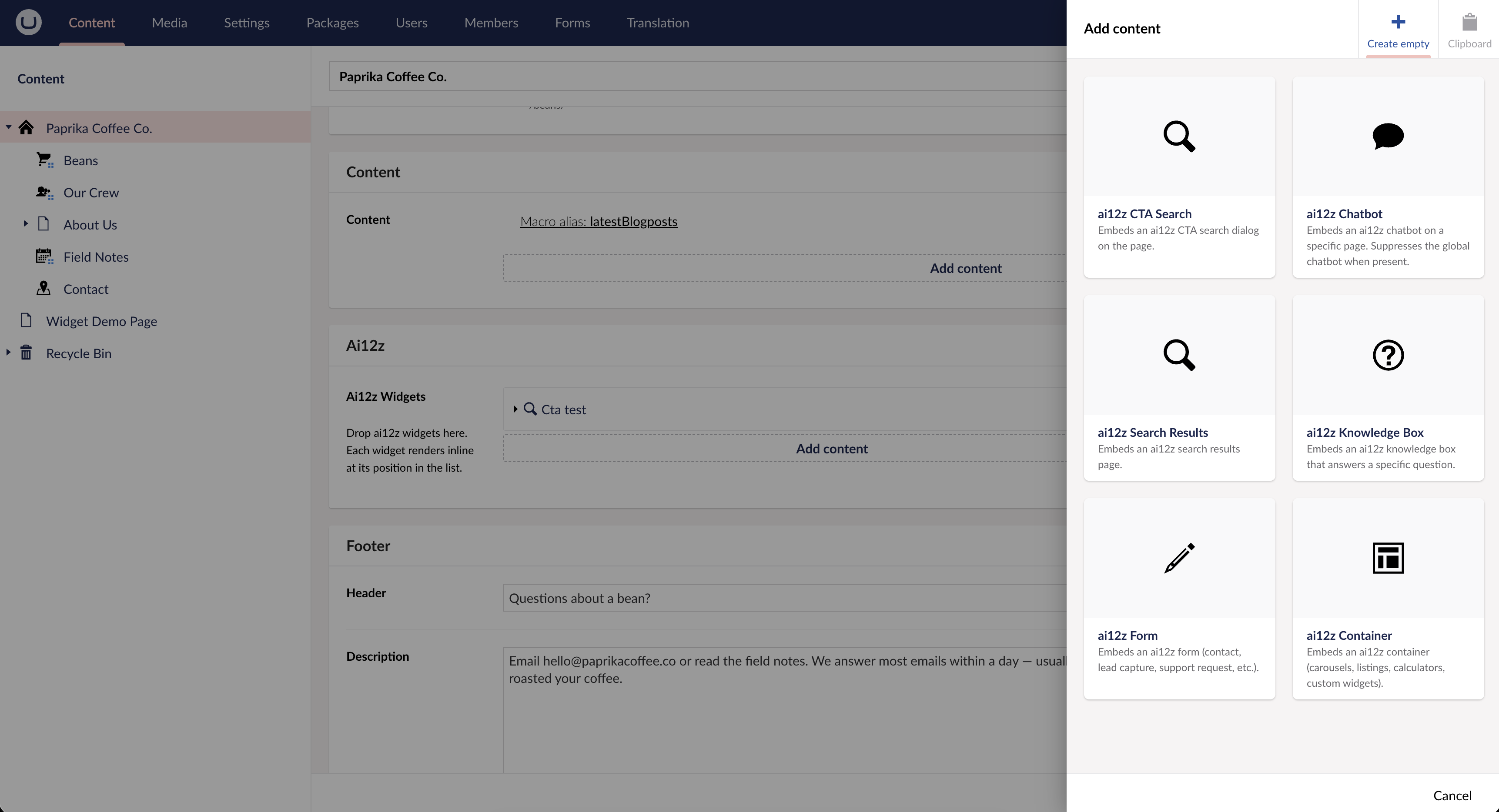 Add content picker showing ai12z widgets