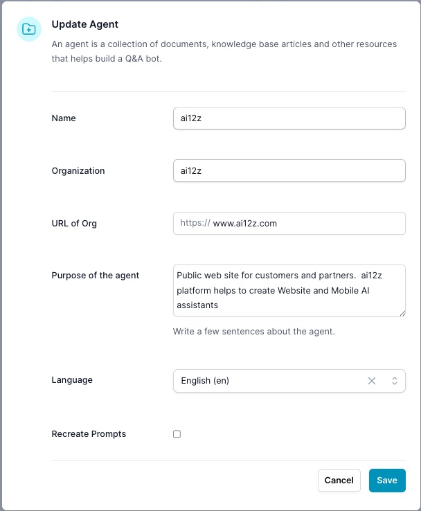 Edit Agent form with "Recreate Prompts" option