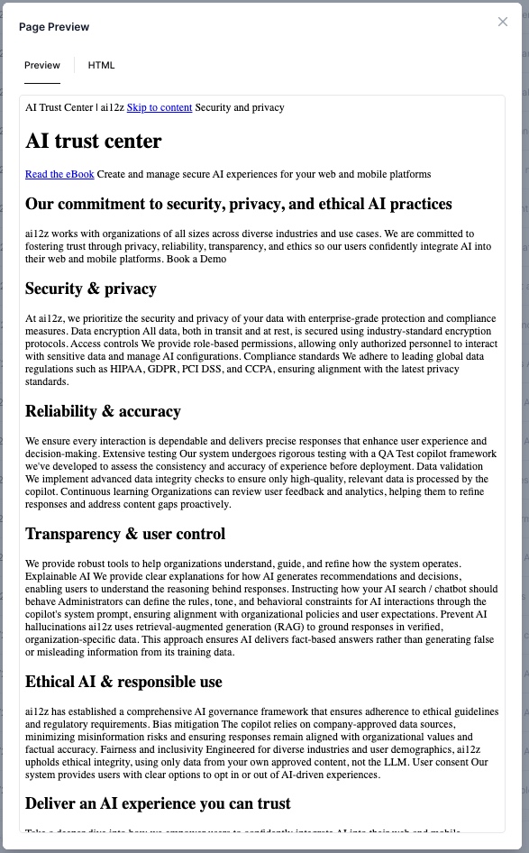 Page Preview modal showing the Preview and HTML tabs with the sanitized text extracted from the page