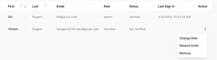 From the team member list on right side the 3 dot action selection menu for an administrator, only a owner to select the menu to change role of a user, resend invite, and remove a user option