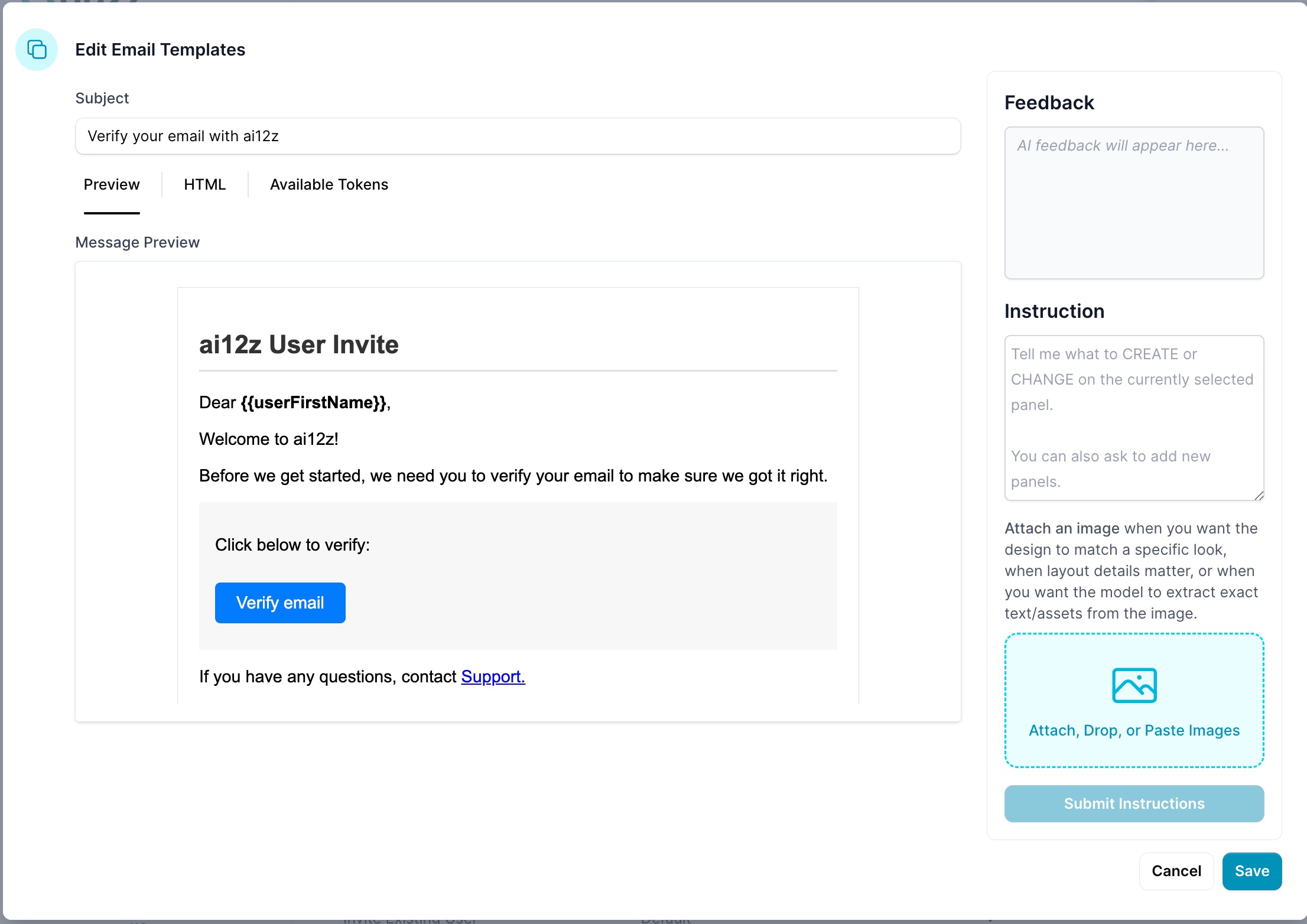 Edit Email Template dialog with tokens