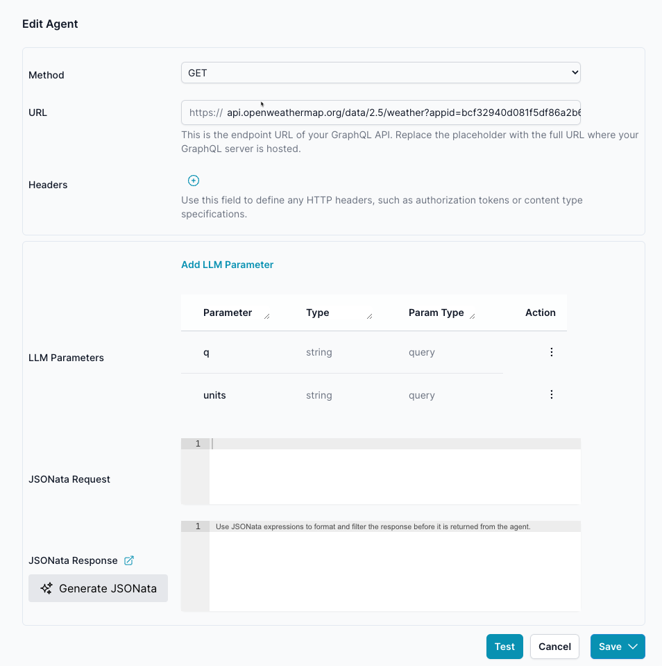 The Edit Agent screen allows you to modify the settings and configuration of an existing custom agent. This includes updating the agent&#39;s method, URL, headers, parameters, and JSONata expressions for requests and responses.