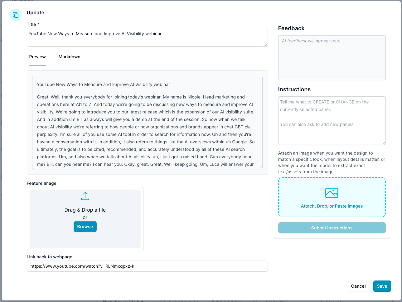 Knowledge Base article dialog with the video title in the Title field, the transcript in the content area, and the YouTube video URL in the Link back to webpage field.