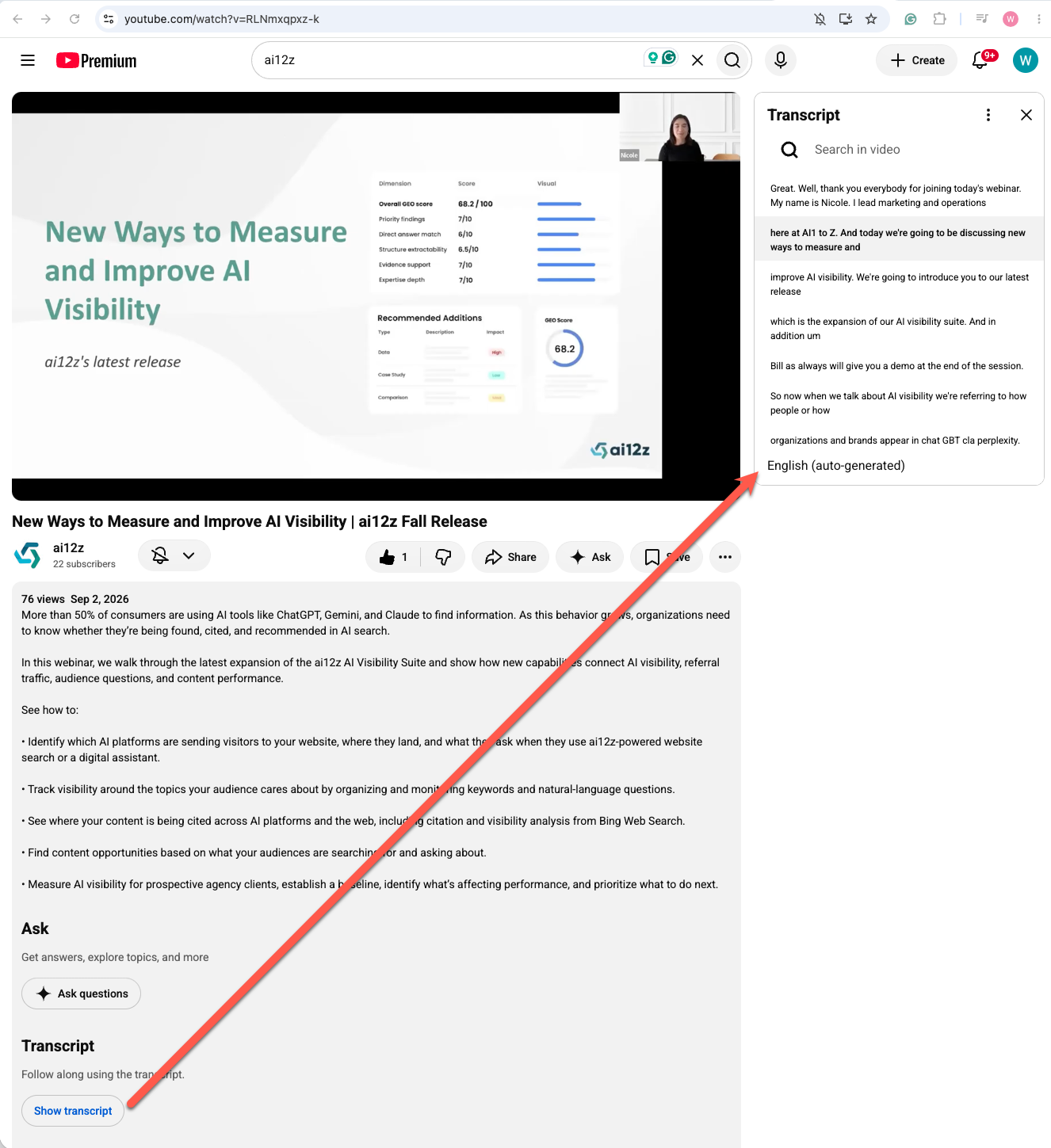 YouTube video page with the description expanded. An arrow points from the Show transcript button at the bottom of the description to the Transcript panel open beside the video.